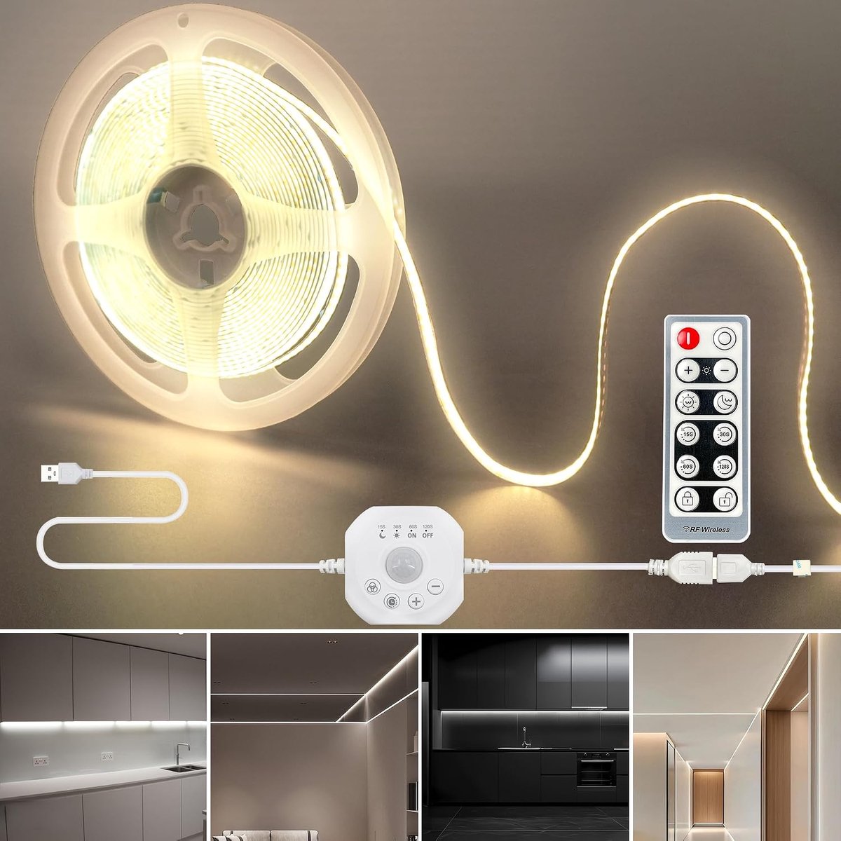 COB LED Strips USB 5V 16.4ft - Natuurlijk Wit 4000K - Beweegdetectie met Afstandsbediening - ShopVlot