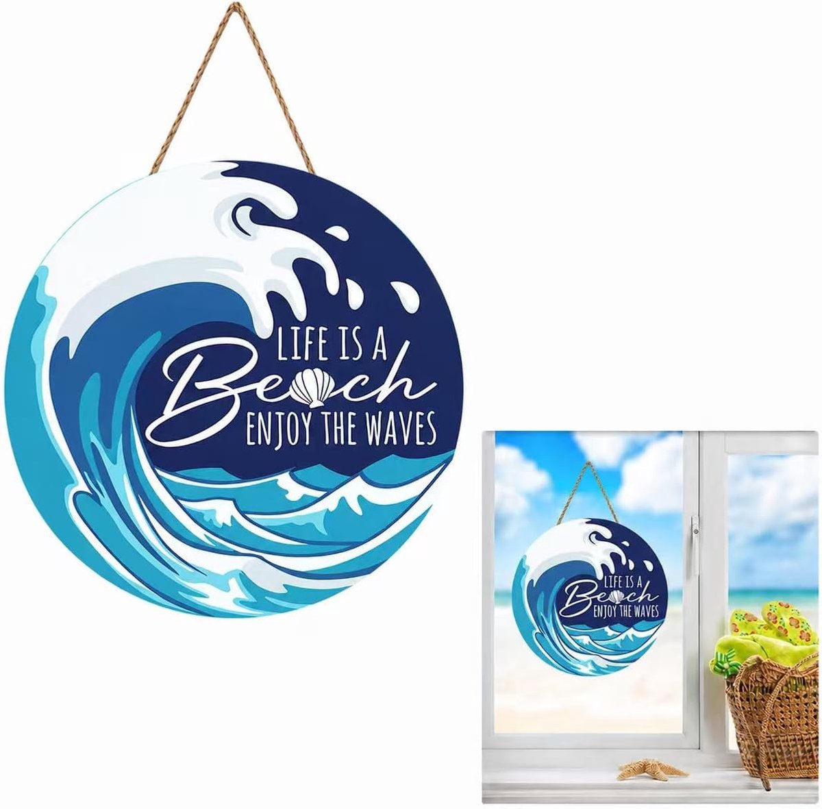 Hangdecoratie van hout - Zomerse surflook - Levendig strandmotief - Perfect voor buiten - ShopVlot