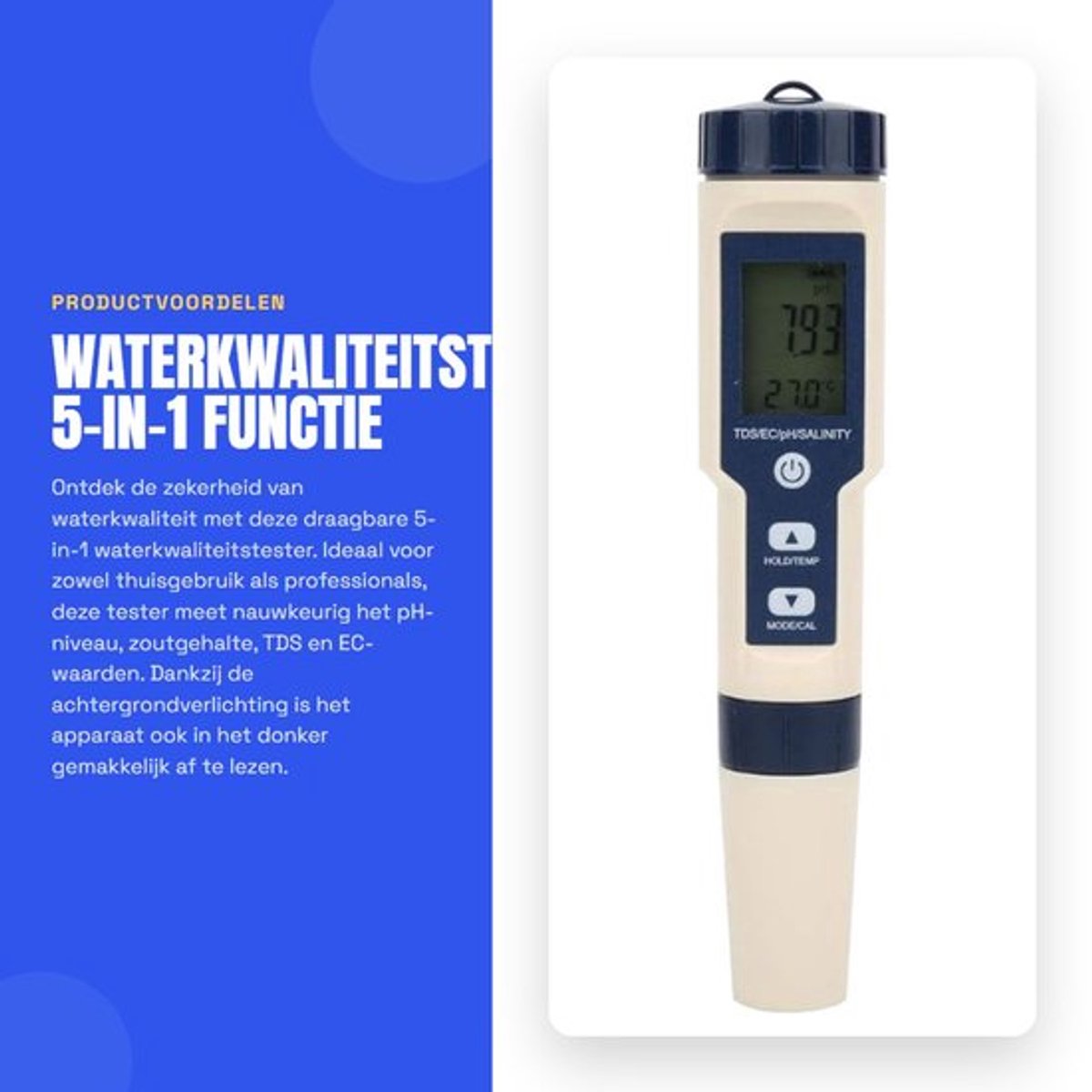 Waterkwaliteitstester Draagbaar 5-in-1 - PH Tester - Zoutgehalte Tester - TDS/EC Tester - Achtergrondverlichting - Nauwkeurigheid ± 2% - Water Tester