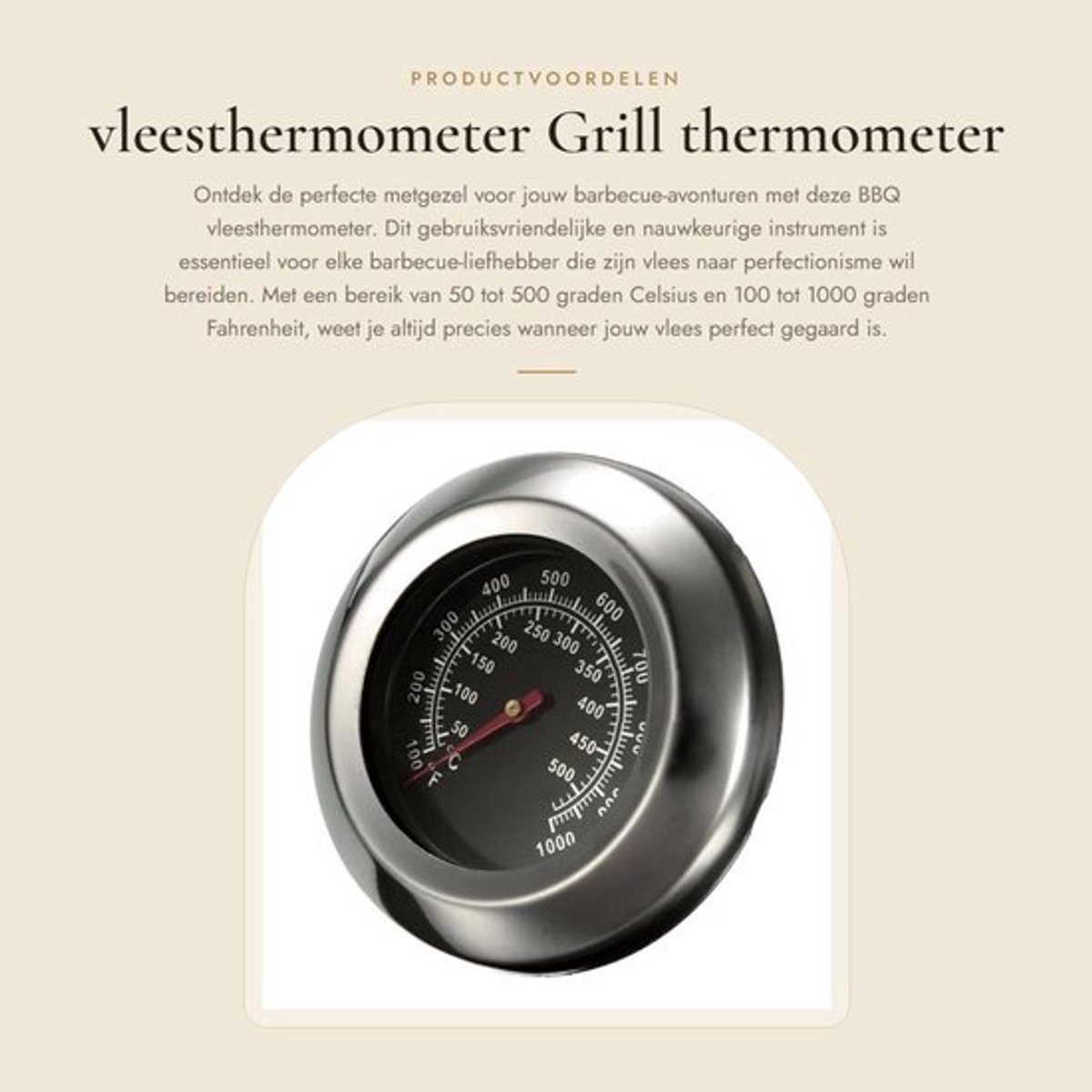 Vleesthermometer Roestvrij Staal - Grillthermometer - Nauwkeurig (+/- 10F) - Dubbele Graad Celsius/Fahrenheit - Diameter 75 mm - Eenvoudig te Installeren