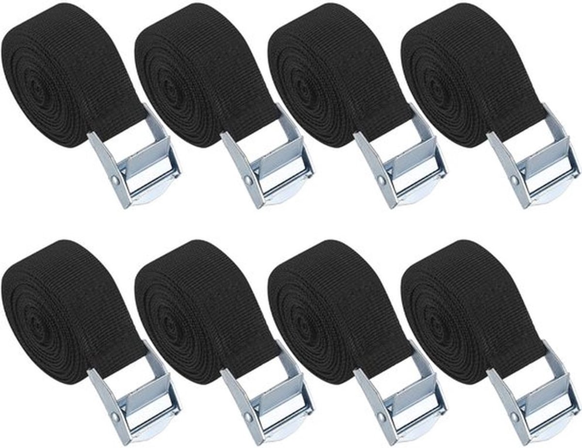 Spanbanden 2 meter - 8 Stuks - Verstelbare Zwarte Beveiligingsriemen - Snelspanriemen met Klemmen - Duurzaam Polyester - Metalen Gespen - Sjorbanden