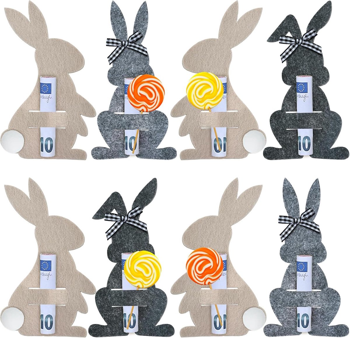 Paasgeldcadeau 8 stuks - kleurrijke vilten haas - decoratieve geschenkverpakking - perfect voor Pasen - ShopVlot