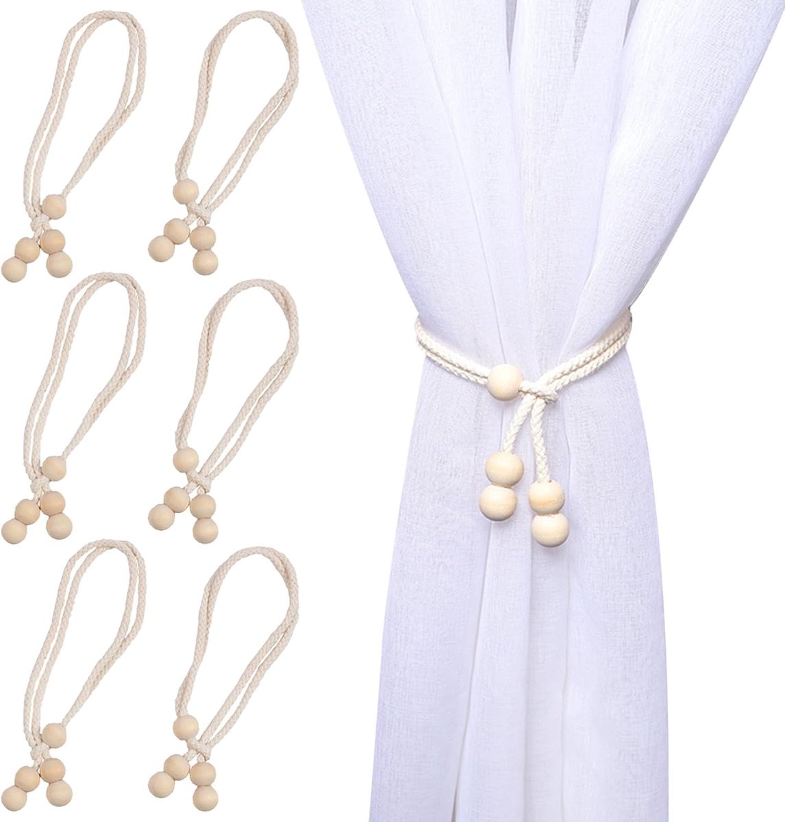 Gordijnhouders 6 Stuks - Minimalistisch - Katoenen Touw met Houten Kralen - Ideaal voor Thuis of Kantoor - ShopVlot