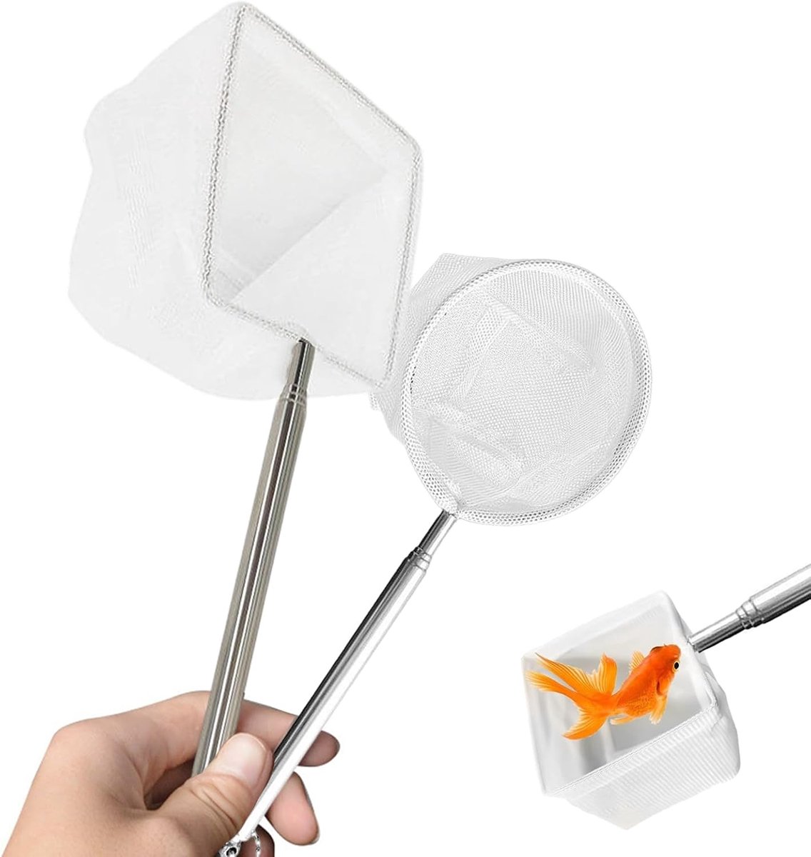 Aquarium landing net set van 2 - telescopische stainless steel handgreep - fijne nylon net - ShopVlot