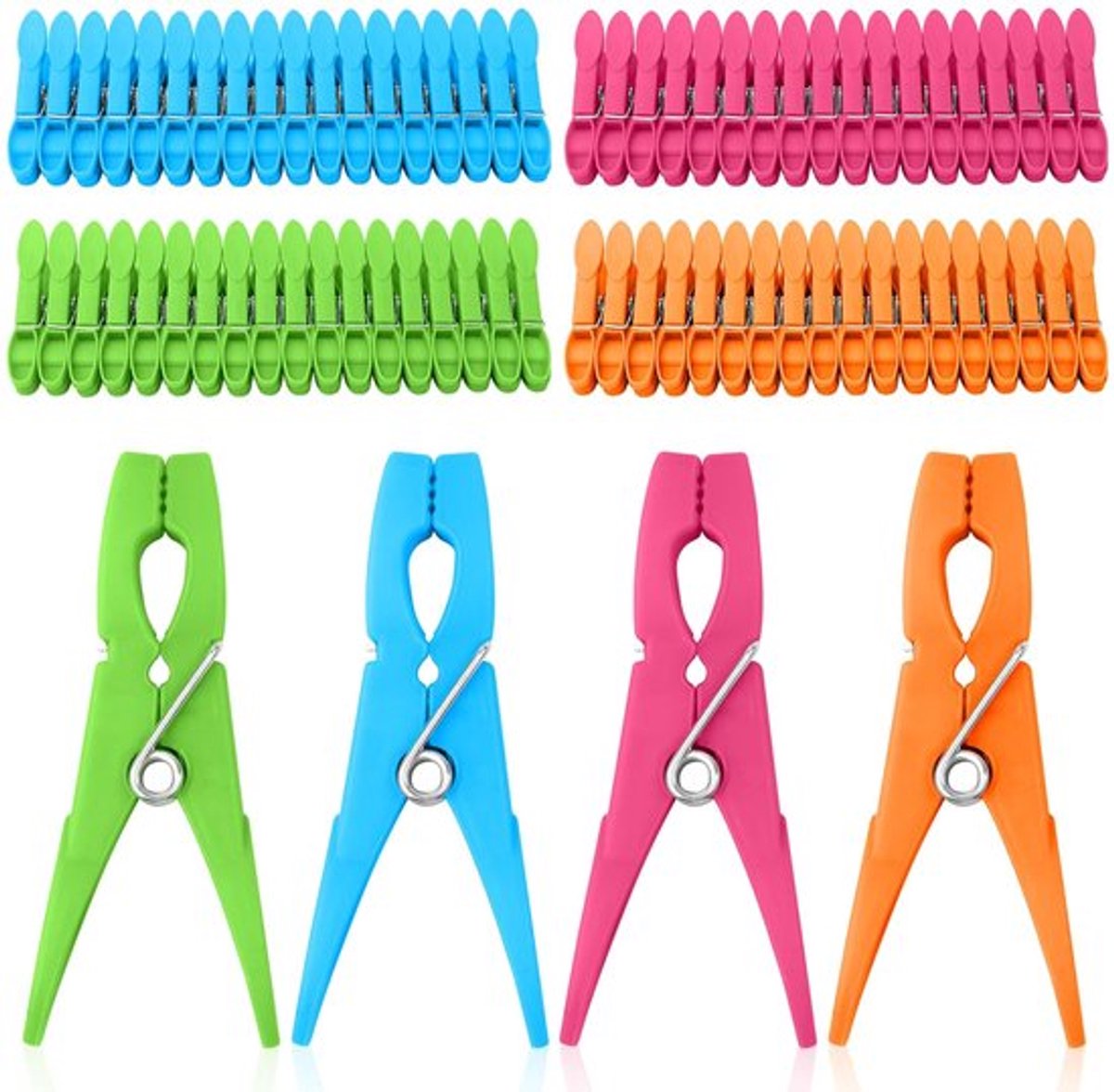 Wasknijpers 72 stuks - Stevige Kunststof - Windbestendig - Antislip - Kleur: Groen/Blauw/Oranje/Paar - Hoogspanningsveer Roestvrij Staal - Wasknijper