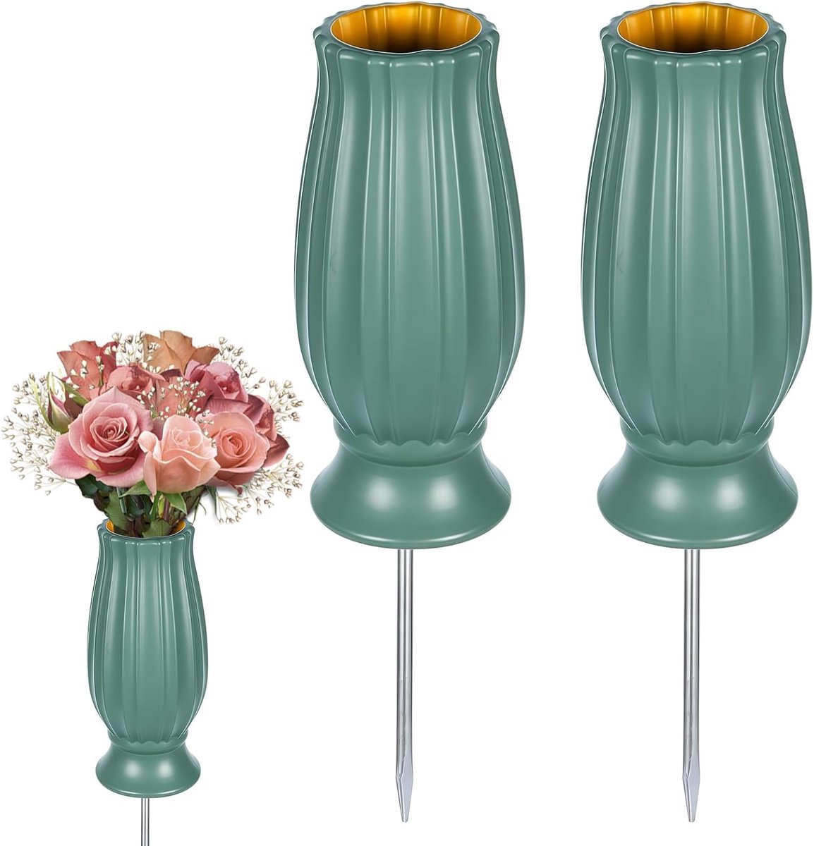 Grave vase met grondspike - 2 stuks plastic - weerbestendig - voor grafdecoratie - ShopVlot