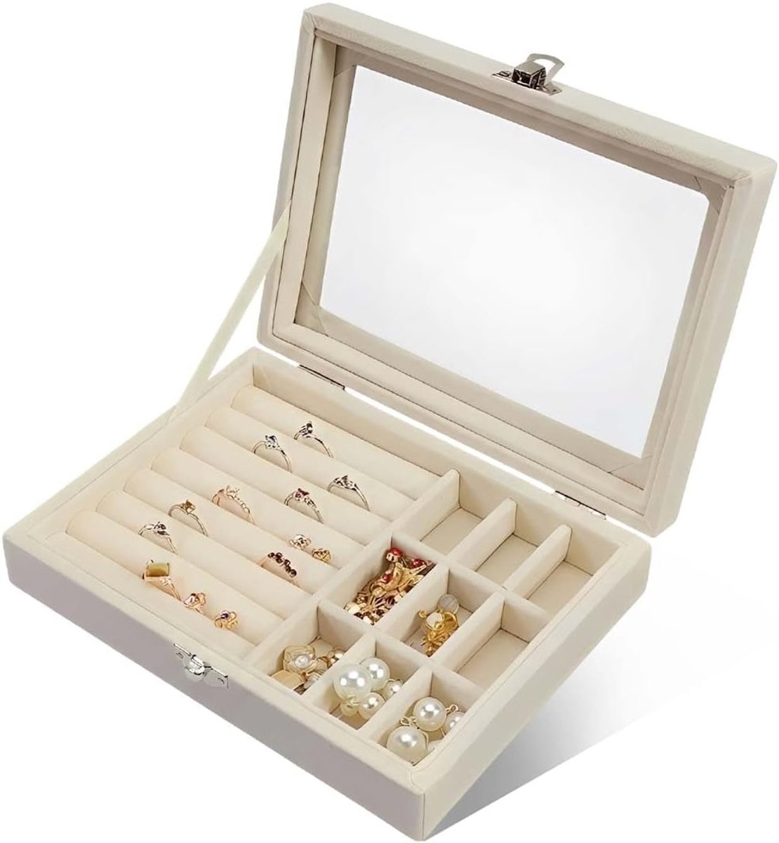 Jewellery Box for Women, 1 Piece, Jewellery Storage Box with Acrylic Glass Lid, Plush Lining, Beige, Ideal for Home - ShopVlot