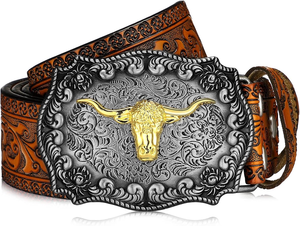 Jadive Men's Belt Western Cowboy Bull Leather Buckles Belt Longhorn Buckle with Floral Engraving for Men - ShopVlot