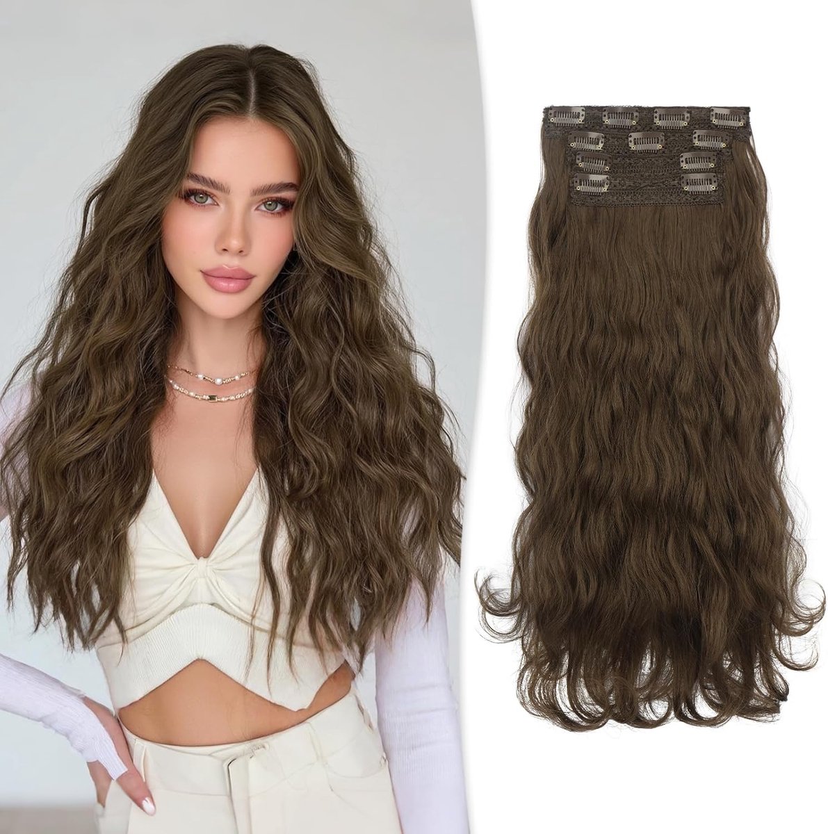 RUWISS Clip in Hair Extensions, 45 cm Lange Golvende Clip in Haarextensies 4PCs Krullend Synthetische Haarextensies - ShopVlot