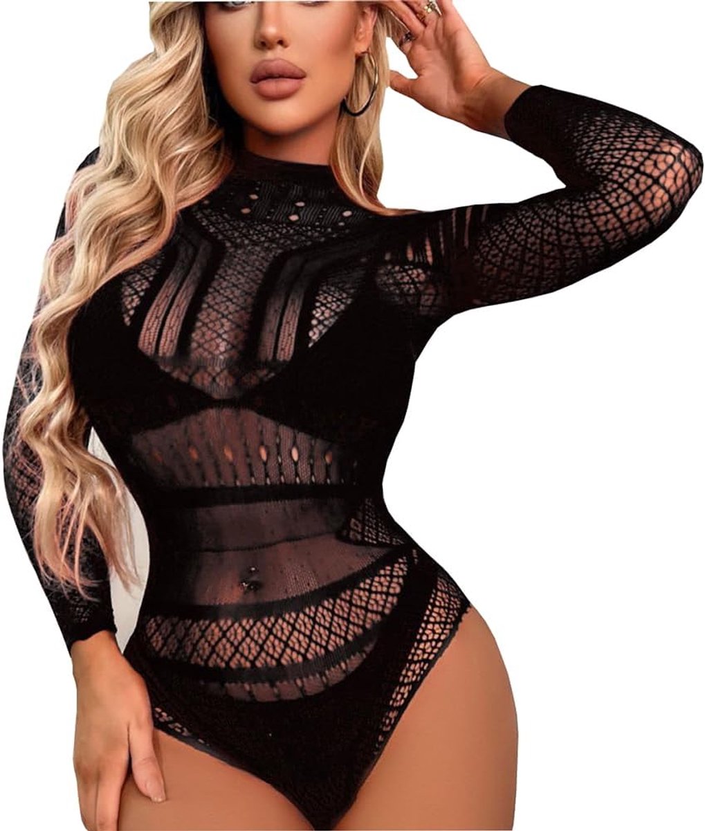 V-Ting Women's Sexy Long Sleeve Bodysuit Bodystocking, Bodystocking, Catsuit, Rave Outfit, Erotic, Black, One Size - ShopVlot