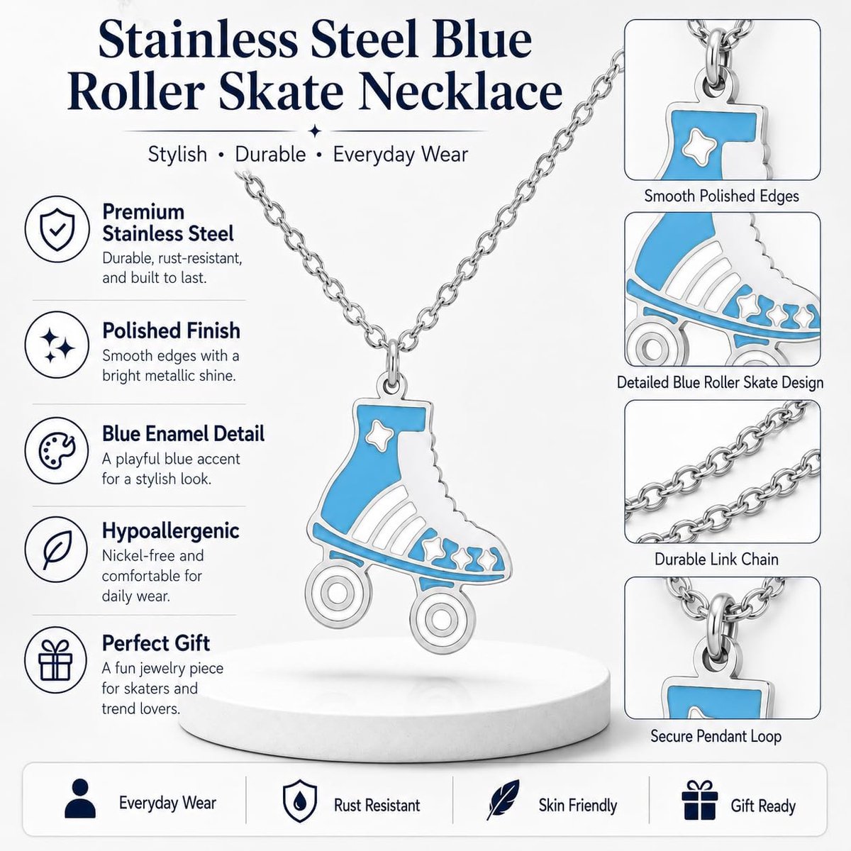 Enamel Roller Skate Chain Pendant Stainless Steel Shoes Jewelry for Women Sports Lovers Statement Accessories Gifts - ShopVlot