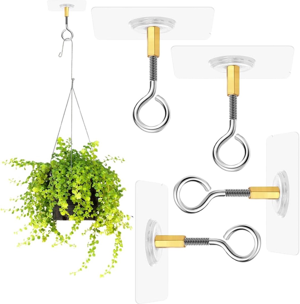 4 Pcs Ceiling Hooks for Hanging Plants, Self-Adhesive Ceiling Hooks No Drilling, PVC Ceiling Plant Hooks, with - ShopVlot