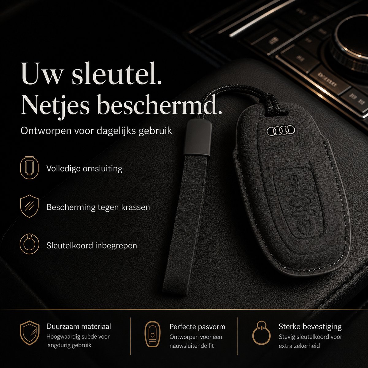 Zirkle Audi Autosleutel Hoesje Type B Zwart – Luxe Loodleren Sleutelcover met Koord en Lusje – Beschermhoes voor Audi Autosleutel – 3D Key Case – Krasbestendig Sleutelhoesje Auto Accessoire Premium