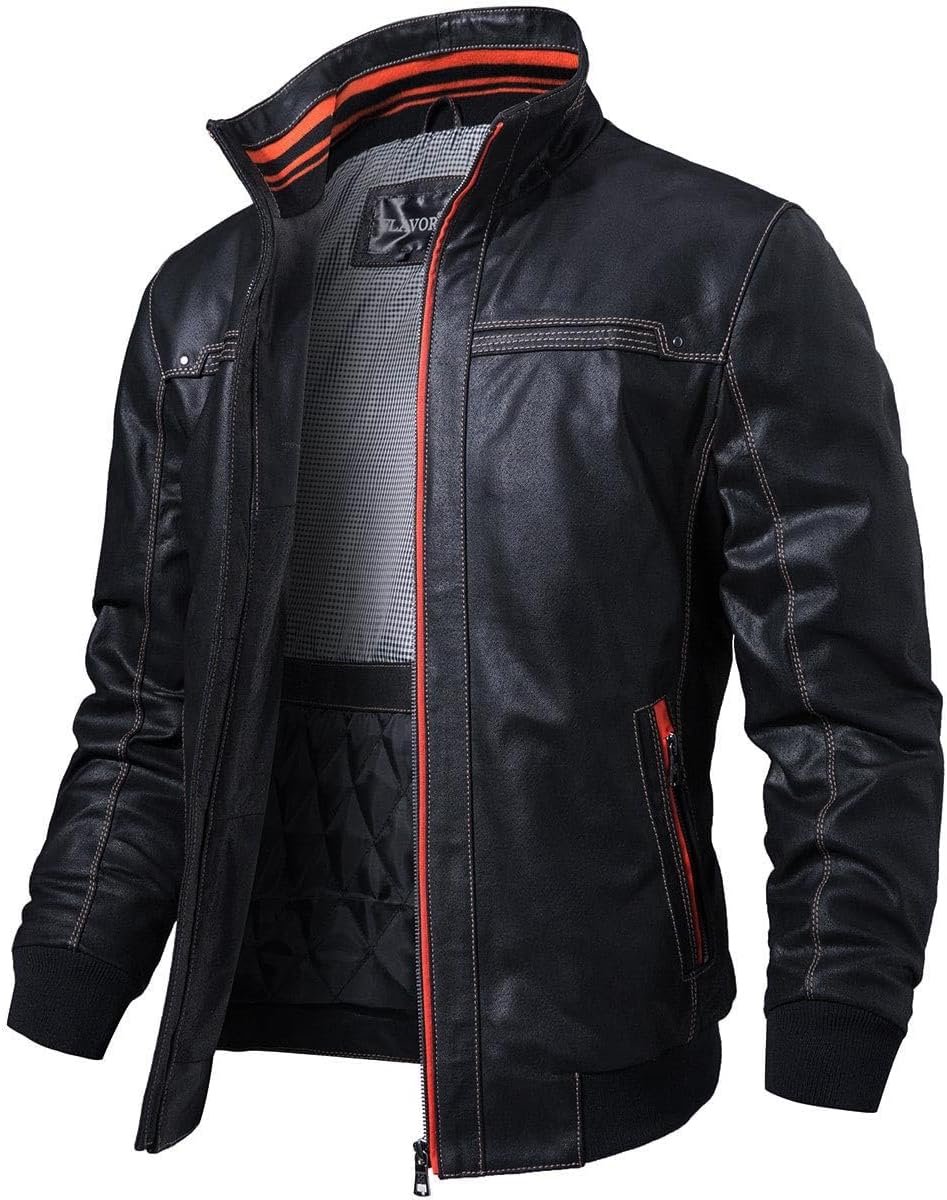 FLAVOR Men's Casual Jacket in Genuine Leather with Standing Collar in Vintage Black - ShopVlot