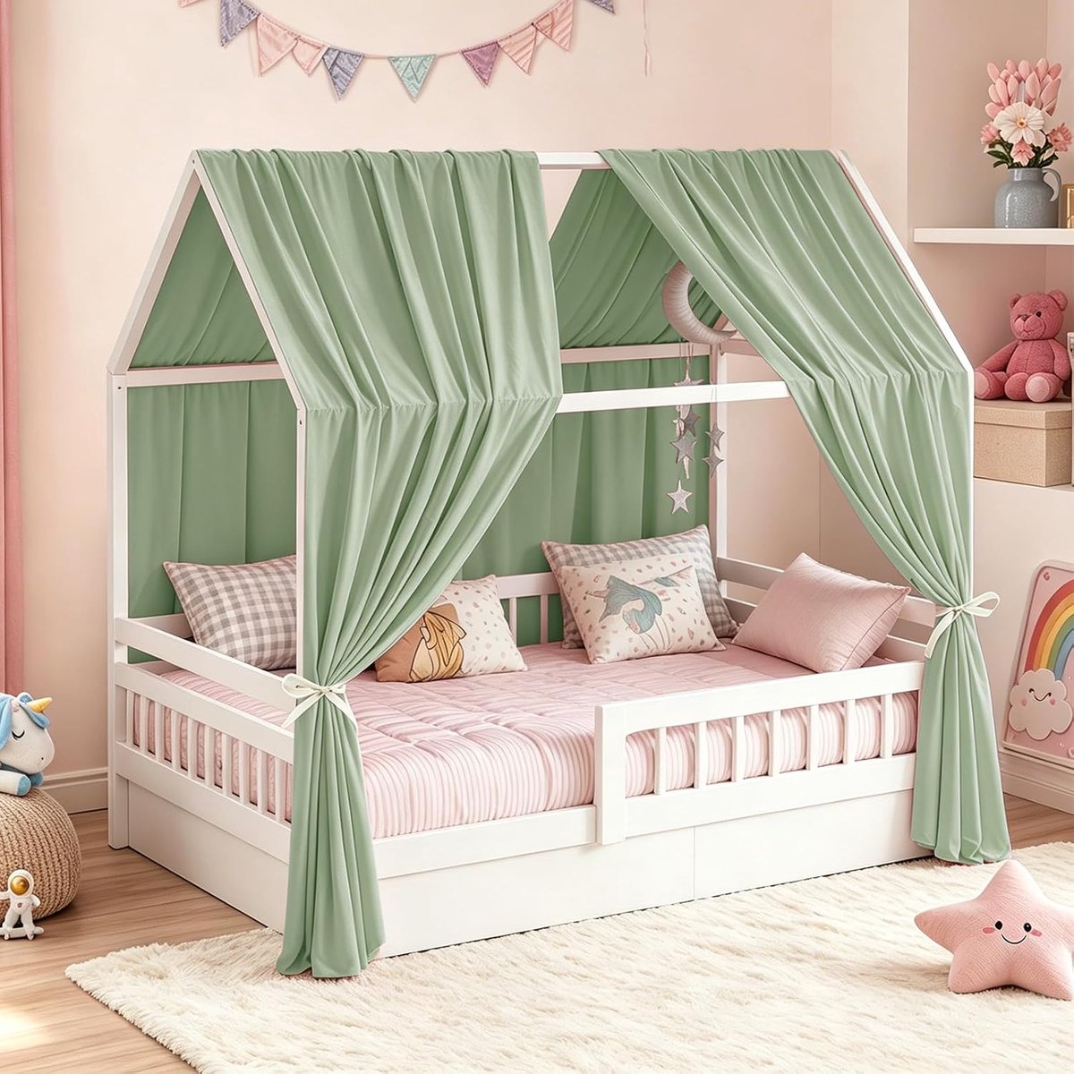 Huisbed hemel 270x67 cm - Lichtgroen stoffen luifel - Handgemaakt baldakijn - Creëer een sfeervolle slaapkamer - ShopVlot