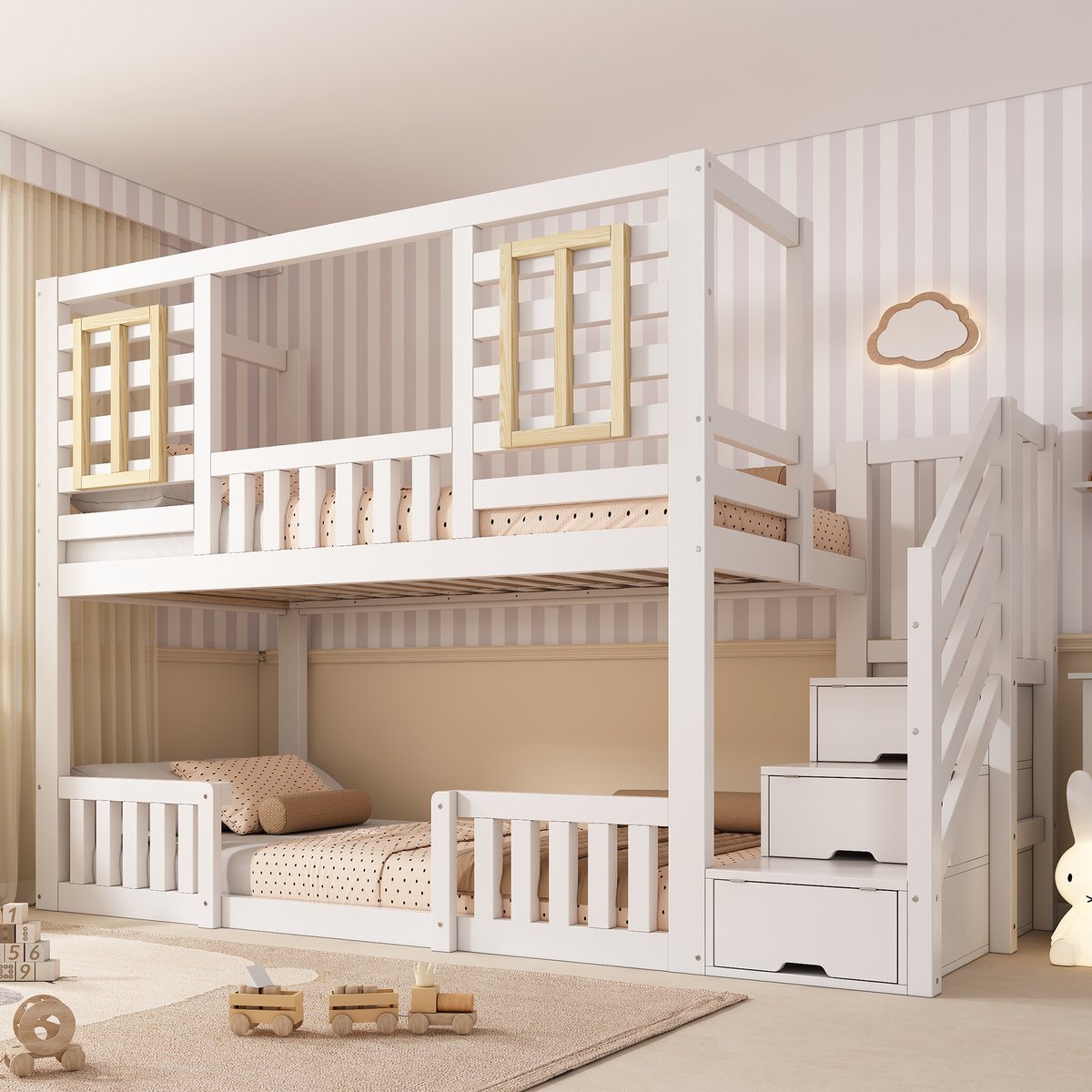 REDOM - Stapelbed voor kinderen - Met 2 slaapplaatsen en trapkast - Inclusief lattenbodem - Houten huisstijl met ramen - Kinderkamer - Hout - Wit - 254 x 95 x 170 cm