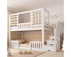 REDOM - Stapelbed voor kinderen - Met 2 slaapplaatsen en trapkast - Inclusief lattenbodem - Houten huisstijl met ramen - Kinderkamer - Hout - Wit - 254 x 95 x 170 cm
