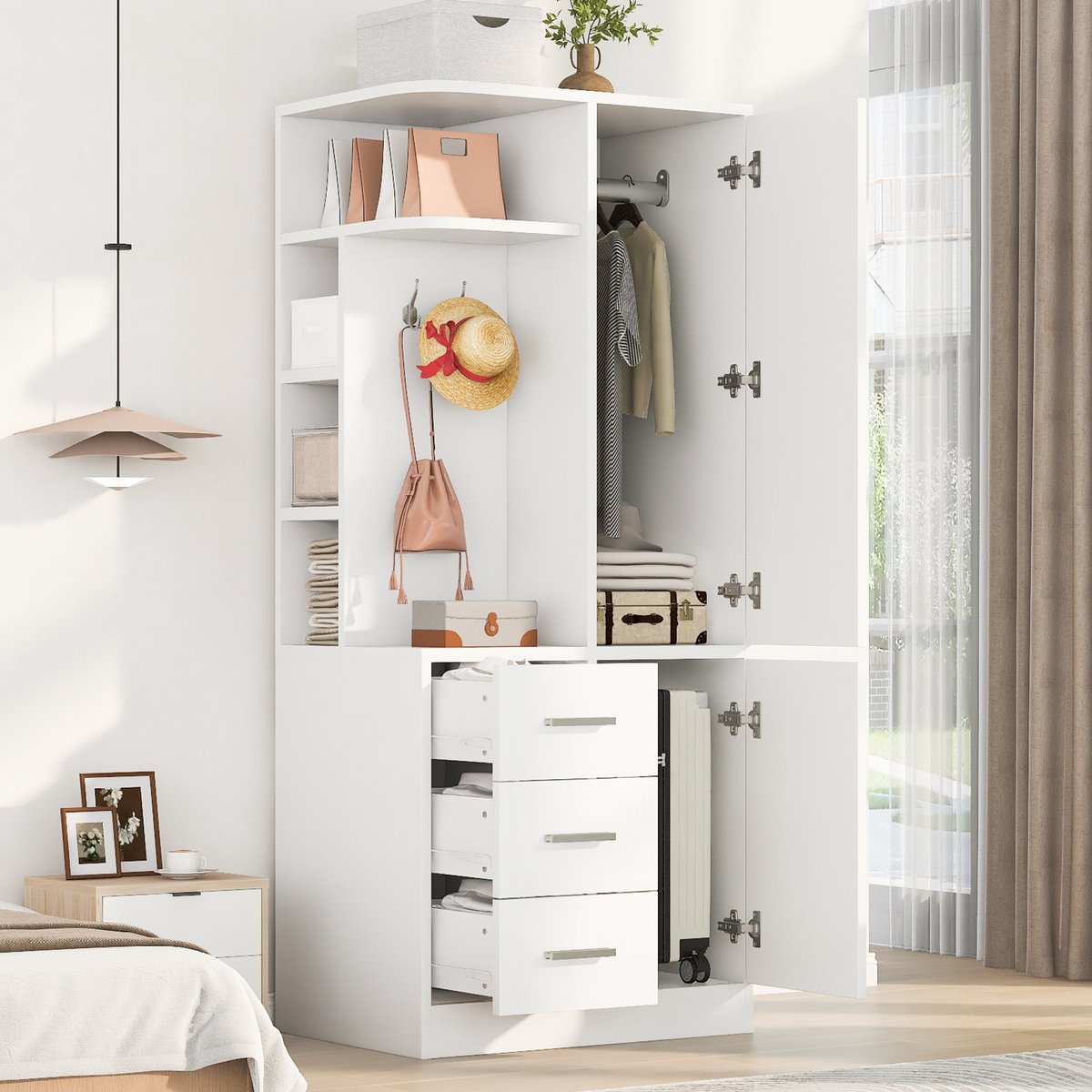 OKWISH Kledingkast – Eendeurs Kast – 70 x 50 x 170 cm – Met Lades, Open Vakken en Hanggedeelte – Ruimtebesparend – Hout Wit