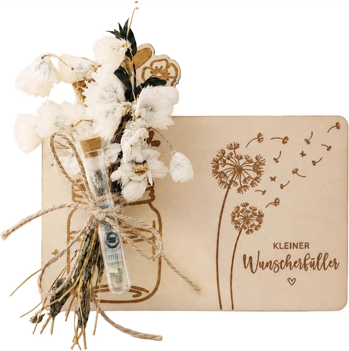 Geldcadeau wensvervuller - houten geschenk met gedroogde bloemen - origineel en creatief - voor bijzondere gelegenheden - ShopVlot