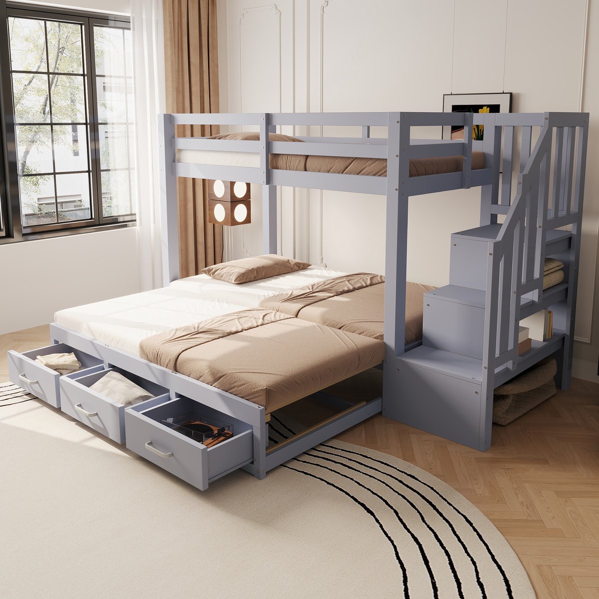 REDOM Stapelbed - Uitklapbaar onderbed - 3 lades en opbergladder - Met lattenbodem - Kinderkamer en jeugdkamer - Hout en MDF - Grijs - 90 x 200 cm