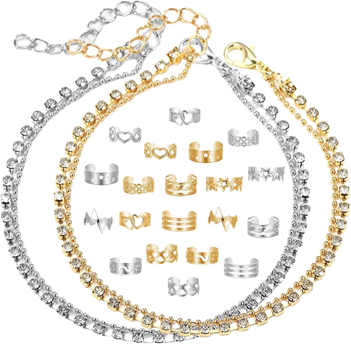 Teenringen Set 22 Stuks - Gouden Enkelbandjes - Verstelbare Voetjuwelen - Perfect voor Zomerstrand - ShopVlot
