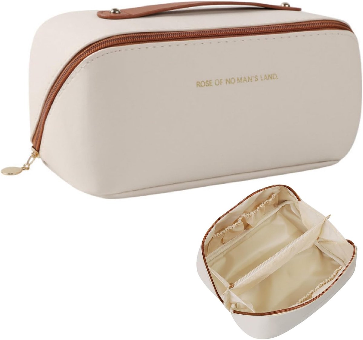 Cosmetic bag grote capaciteit - bruin-wit - met handvat - ideaal voor reizen - ShopVlot