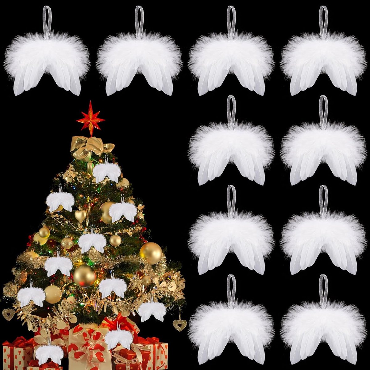 Kerstdecoratie engelenvleugels set van 10 - witte veren - 8 x 8 cm - perfect voor kerstboom versiering - ShopVlot