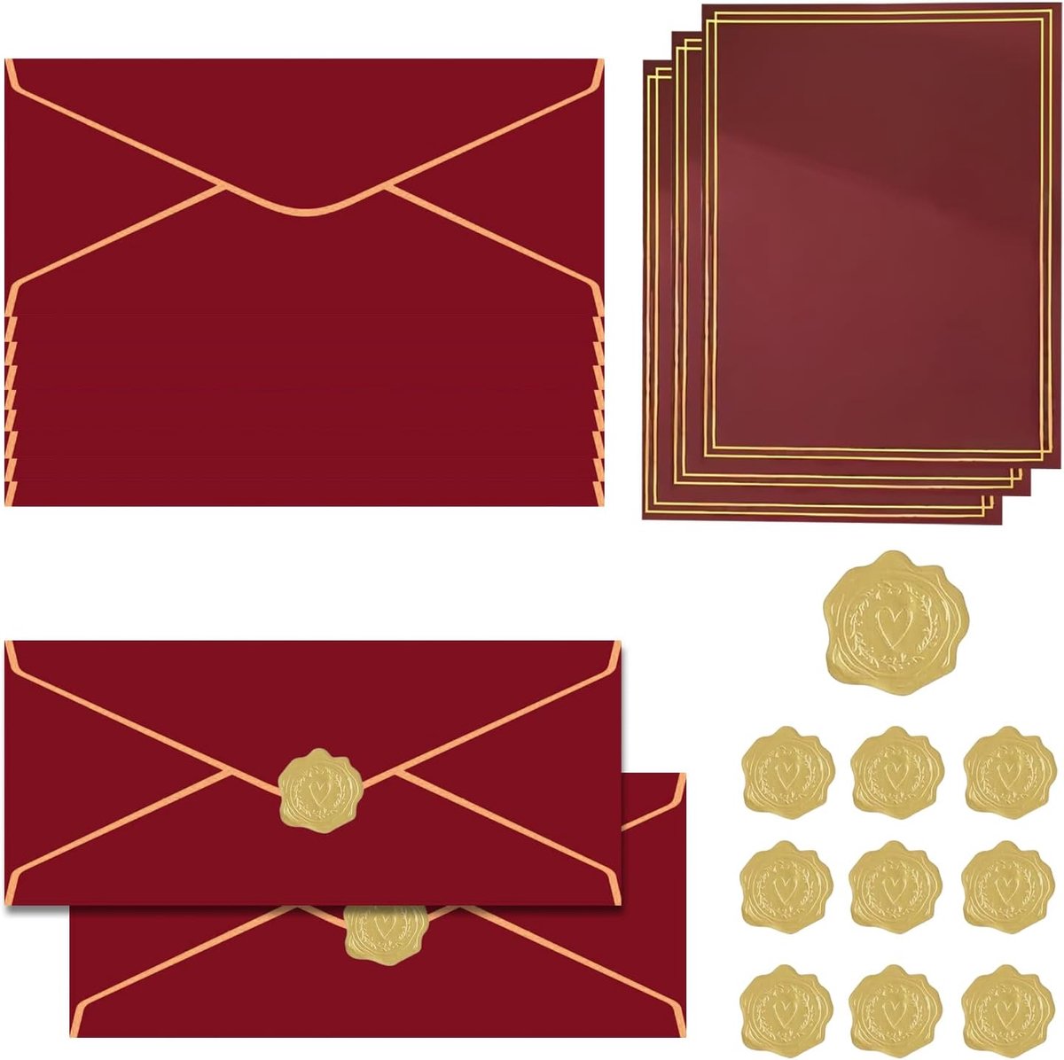 Uitnodigingsenveloppen 20 stuks - Donkerrood - V-Flap met gouden stickers - Perfect voor persoonlijke correspondentie - ShopVlot