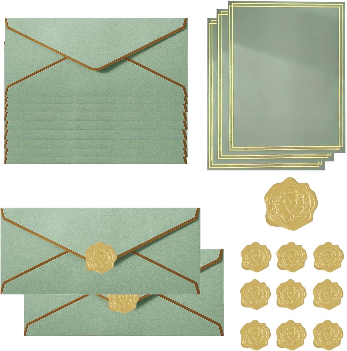 Enveloppen set 10 stuks - 24,1 x 10,5 cm - sage green - compleet met schrijfpapier en gouden sluitzegels - ShopVlot