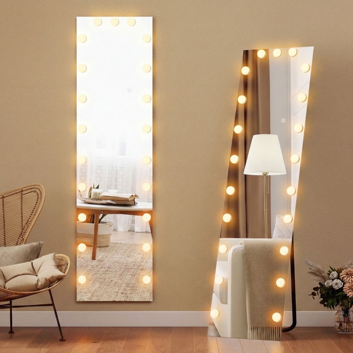 Staande Spiegel Met RGB-led Verlichting – 21 Lampen – 150 x 40 cm – Gehard Glas – Transparant – Voor Slaapkamer En Kleedruimte