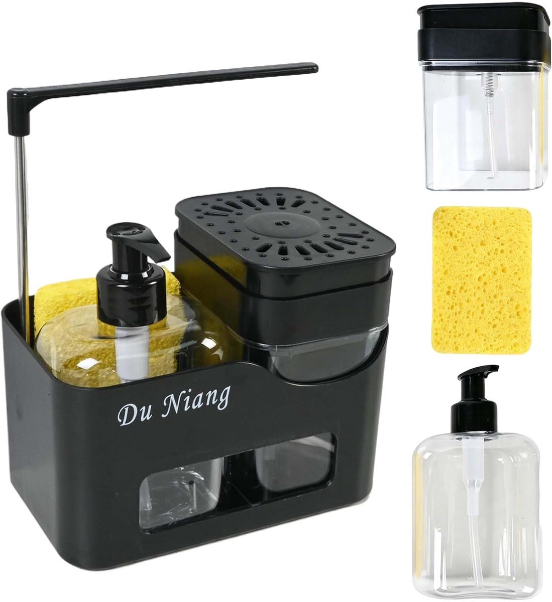 Afwasmiddeldispenser met spons, 4-in-1 zeepdispenser keuken, gootsteenorganizer, zwart, handzeepdispenser met - ShopVlot