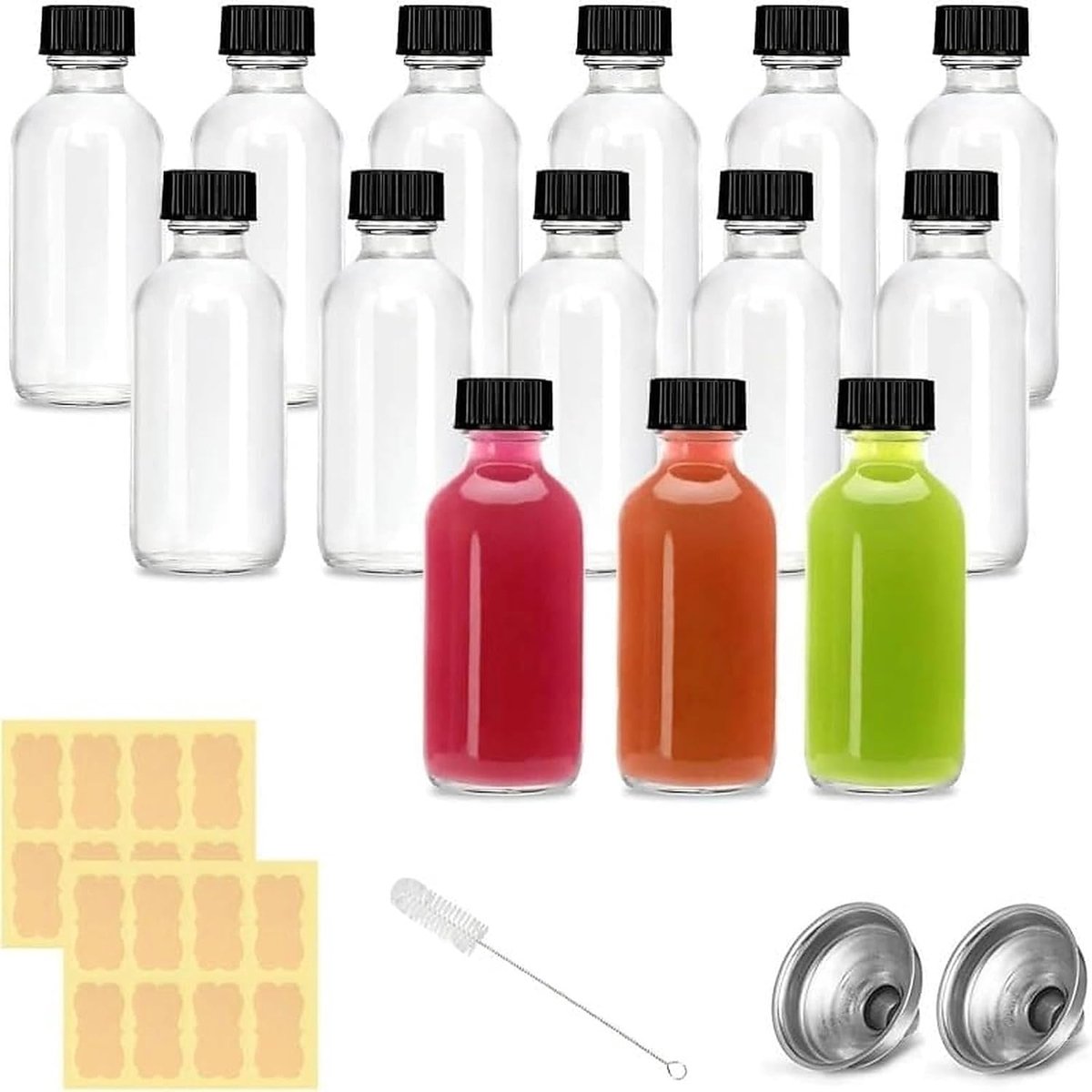 Small Glass Bottles of 12 60 ml Mini Glass Bottles with Funnel, Labels and Pen, Reusable Glass Bottles for Filling - ShopVlot