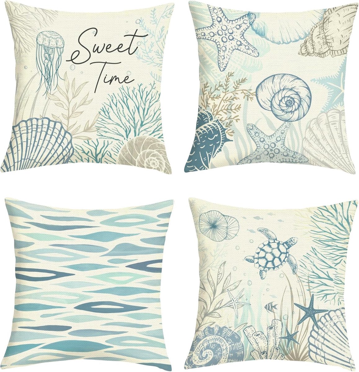 45 x 45 cm Set of 4 Summer Nautical Sea Turtle Cushion Covers Ocean Shell Starfish Coral Decorative Cushion Cover for - ShopVlot
