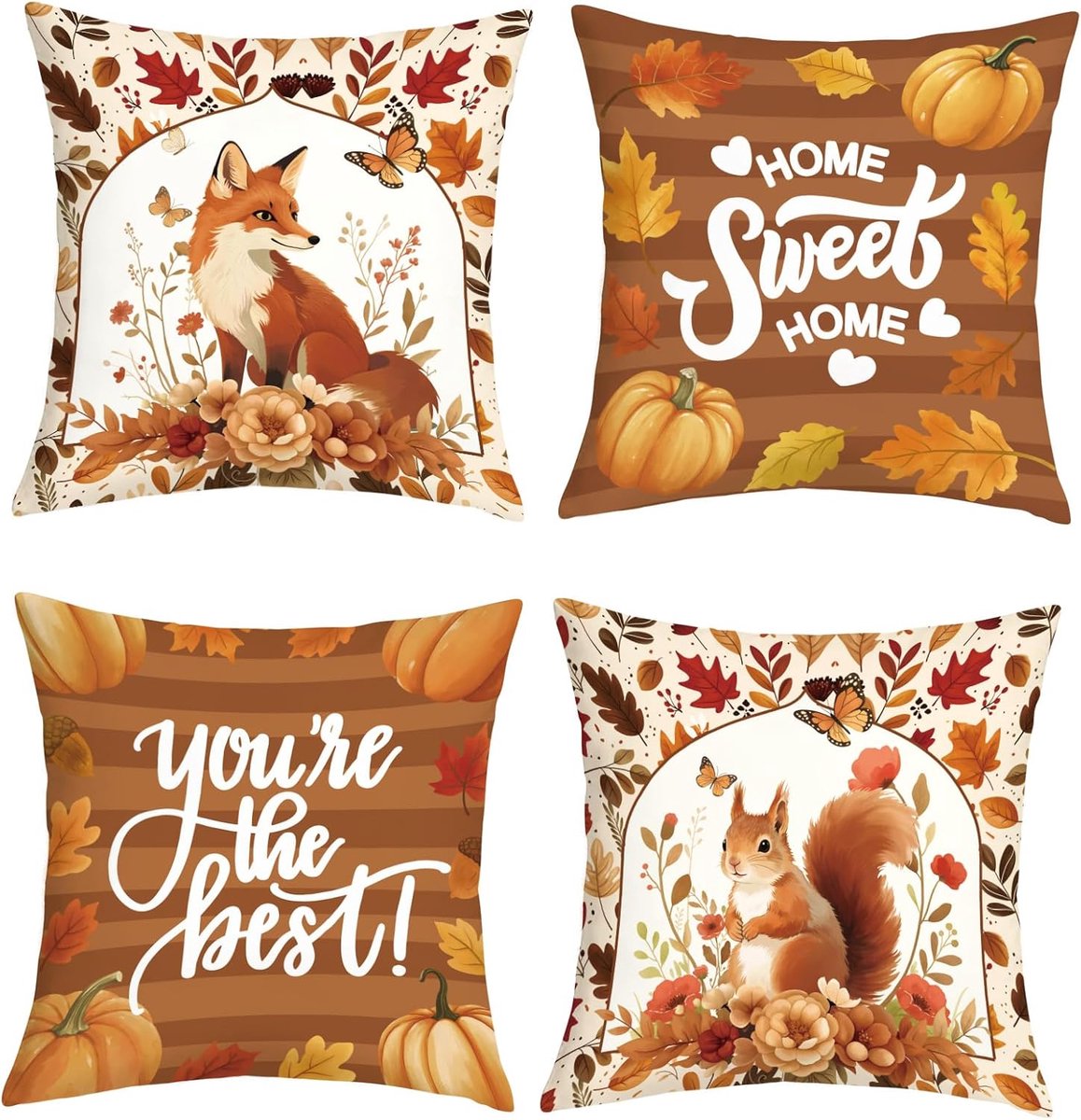 Autumn Animal Cushion Covers 45 x 45 Pieces Fox Squirrel Pumpkin Autumn Leaves Flowers Square Throw Pillow Covers - ShopVlot