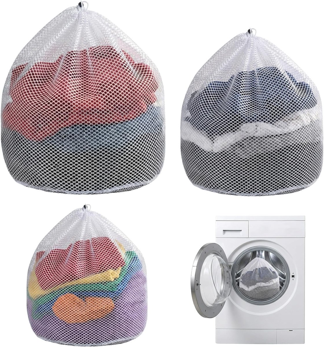 3 Wasnetten voor Wasmachine, Fijne Waszakken met Trekkoord, 3 Maten, Wit - ShopVlot