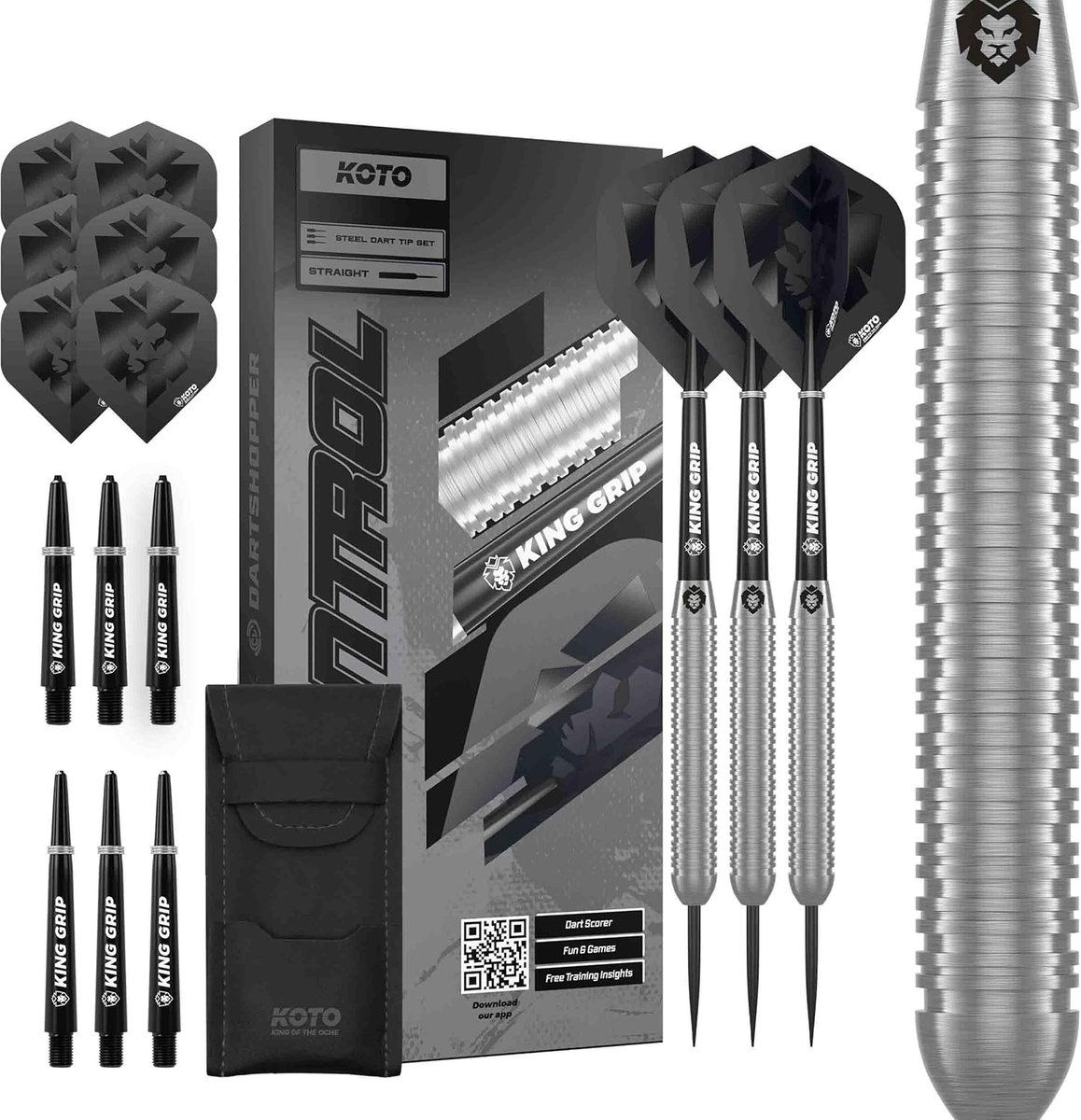 KOTO - Kingcontrol 90% Darts 22g, Black, Darts Set Incl. 3 Barrels, KOTO Flights + Shafts & Dartwallet, Sturdy Ring - ShopVlot
