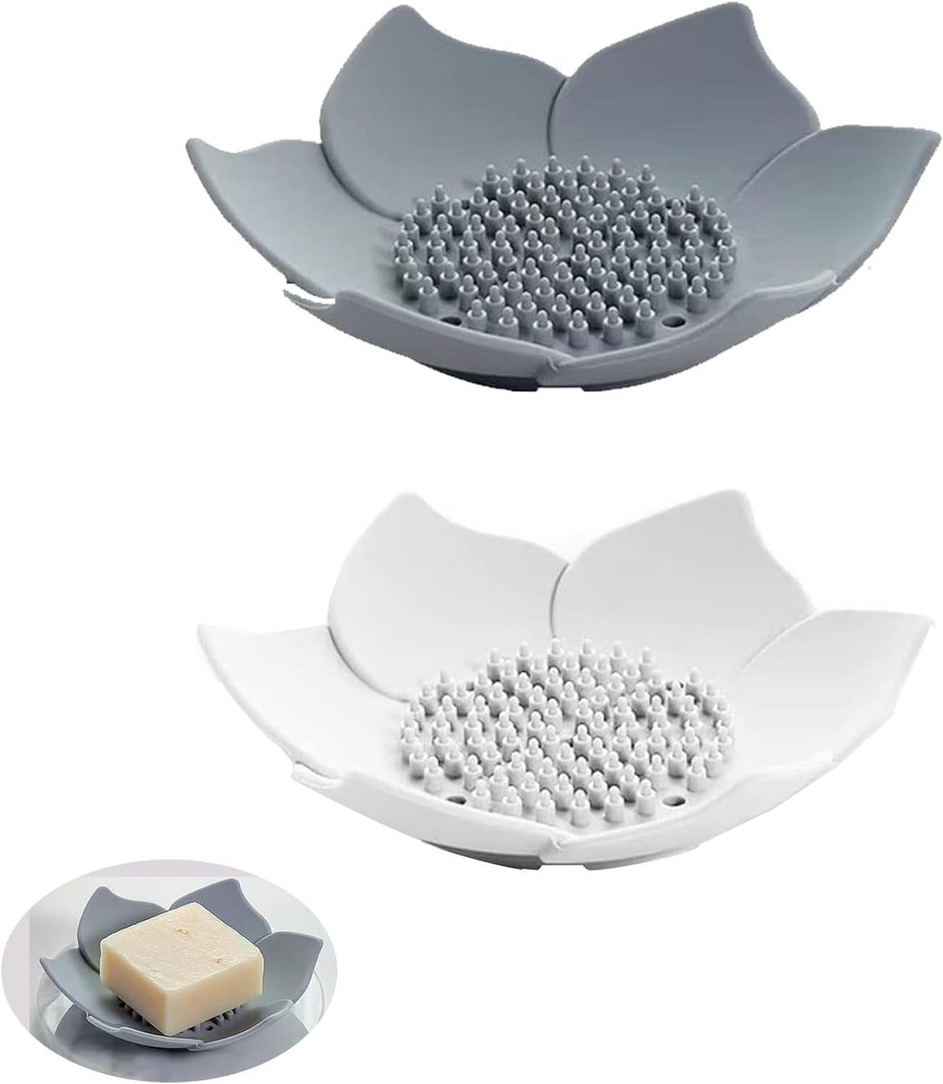2 Pcs Silicone Soap Dish Drain Grey White Flower Shape Suitable for Bathrooms, Toilets, Kitchens - ShopVlot