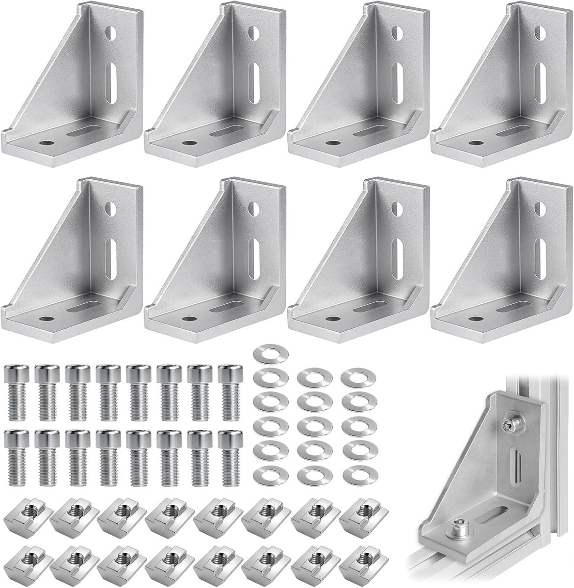 8 stuks aluminium hoekbevestigingsmateriaal, 30 x 60 aluminium hoekconnectoren met 16 sets vaste schuivers, 90° - ShopVlot