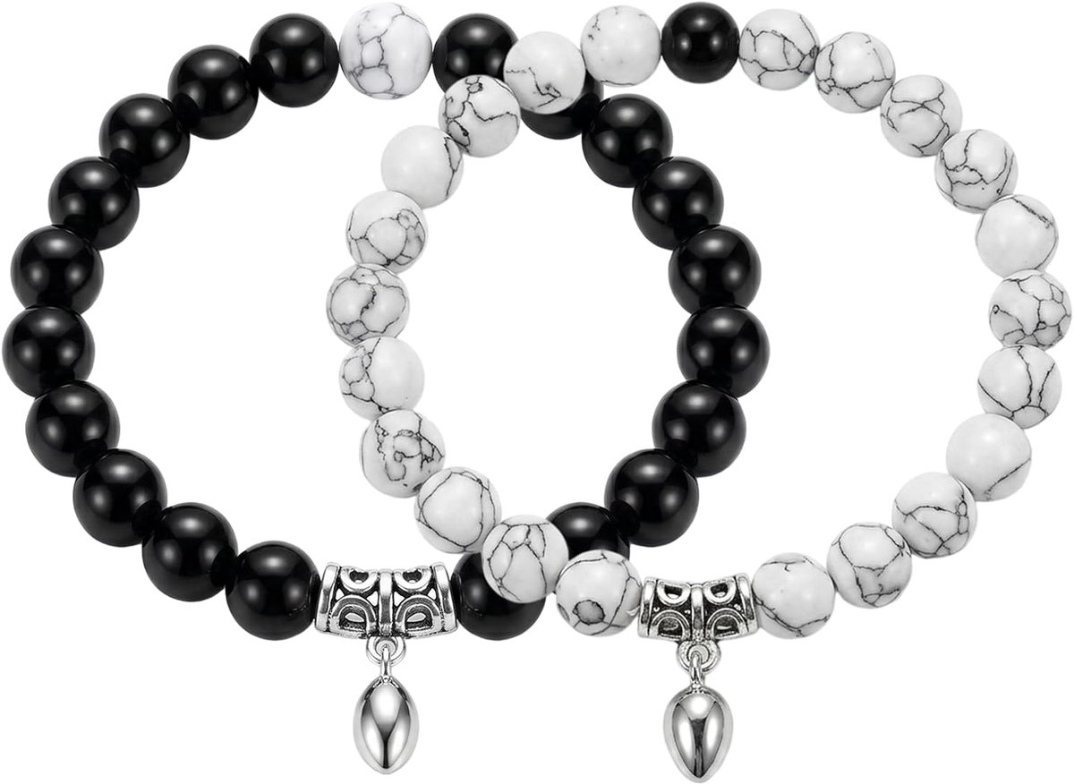 2 stuks magnetische koppelarmbanden, zwart en wit, magnetische armbanden voor dames en heren, cadeau voor verjaardag - ShopVlot