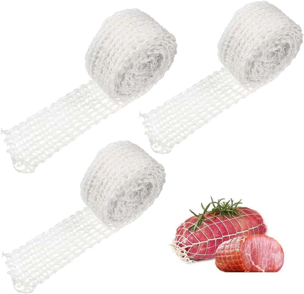 3-pack Elastisch Vleesnet, 0,5m per Rol (16 Mazen), Wit Kooknet voor Rollades en Worst, Hittebestendig Net voor Roken - ShopVlot