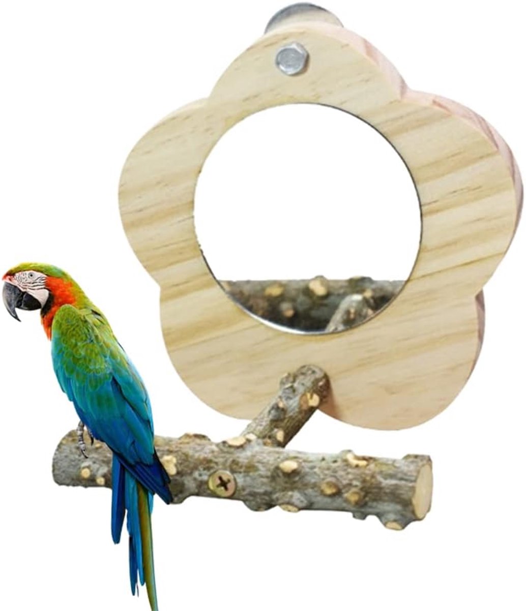 Parrots, Bird Mirror, Bird Mirror with Perch, Wooden Mirror with Landing Site, Easy to Install Parrot Bird Toy Mirror - ShopVlot