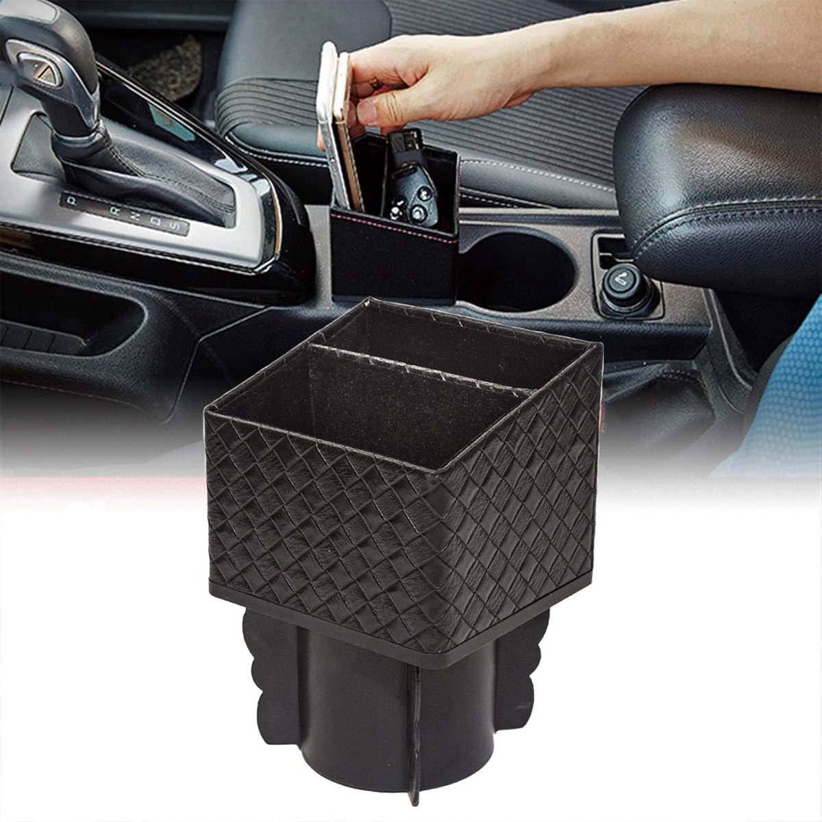 FancyAuto Leather Car Cup Holder Pocket Console Pocket Car Chair Catcher Pocket Organizer Storage Box Bottle Phone - ShopVlot