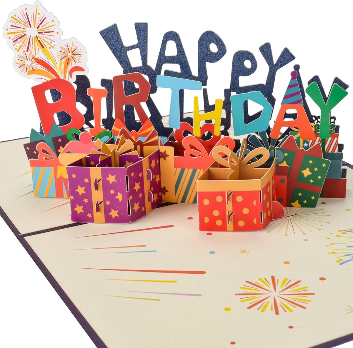 Birthday Card 3D Pop Up Handmade Cake Card, Fireworks and Gifts for Men, Women, Mom, Hair, Friends, Girls and Boys - ShopVlot
