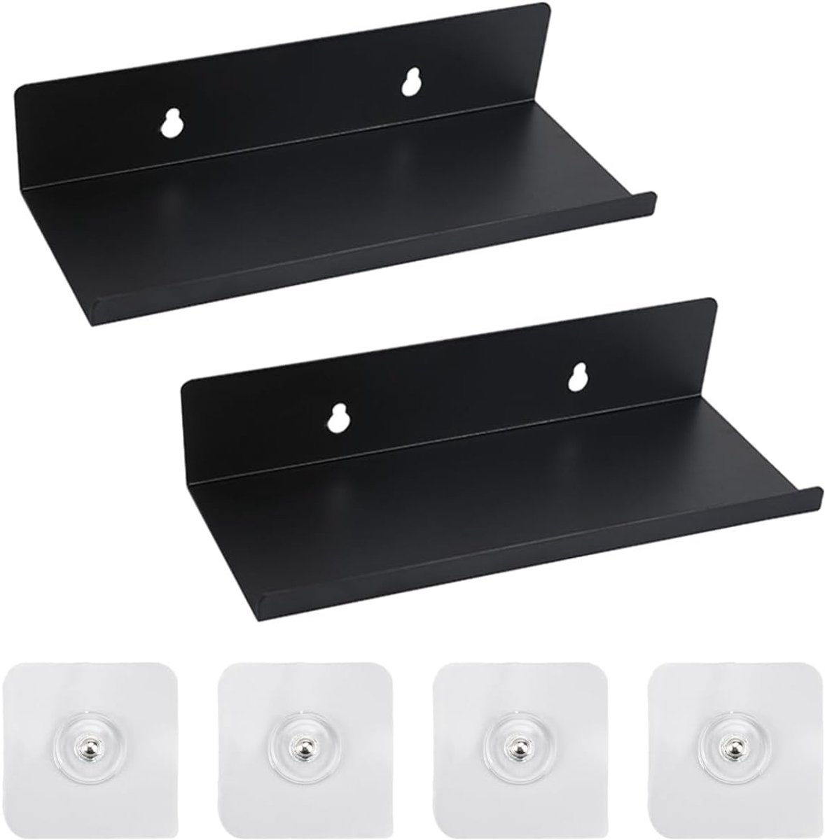 Zelfklevende kleine wandplank van zwart metaal 10 x 20 x 4 cm, 2 stuks | Drijvende mini plank voor badkamer, zonder boren, smalle wandplank, keuken, maximaal draagvermogen 10 kg