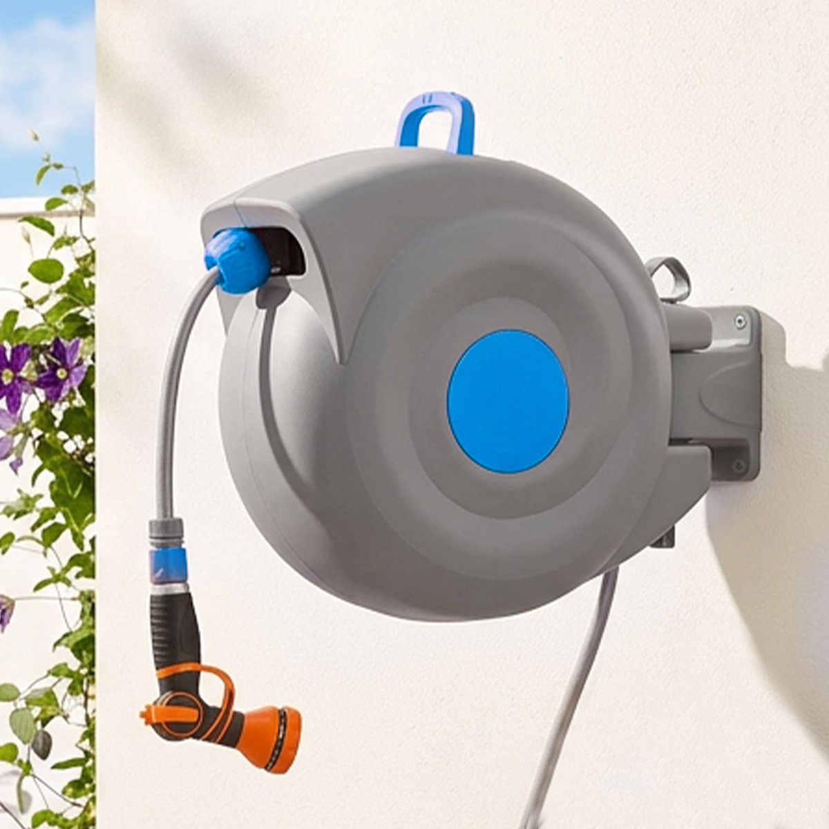 COVREO Tuinslanghaspel 30 m blauw, van kunststof met 9 sproeistanden