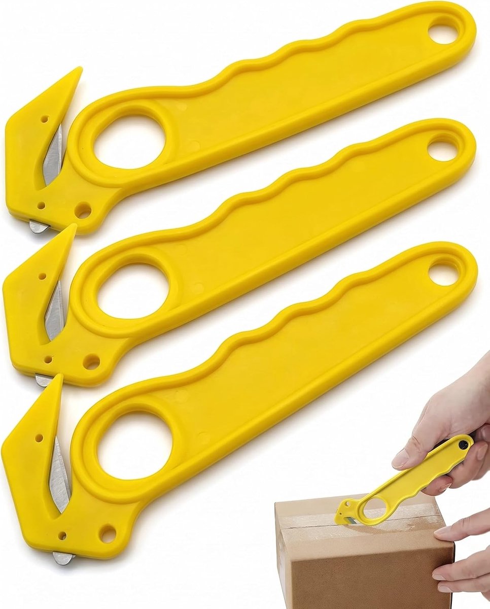 3 x veiligheidsmes, geel, pakketopener met haakgeslepen en antislip handgreep, veilige kartonnen snijder voor het snel - ShopVlot