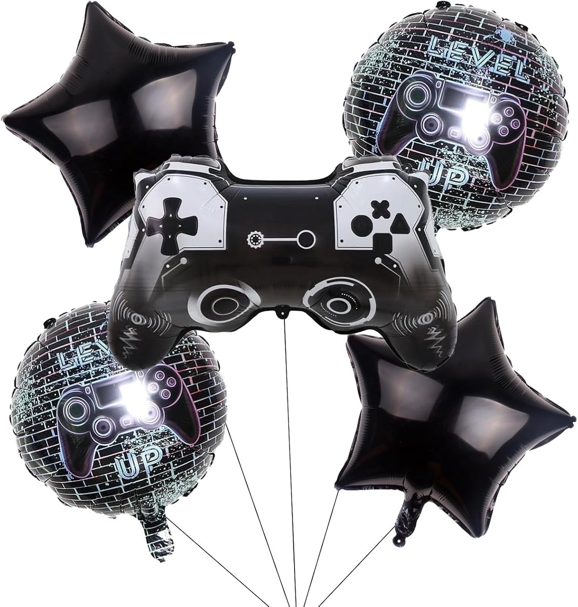 Koboko Gaming folieballonset, zwart, gamecontroller en sterren, Level Up thema, 5 stuks - ShopVlot