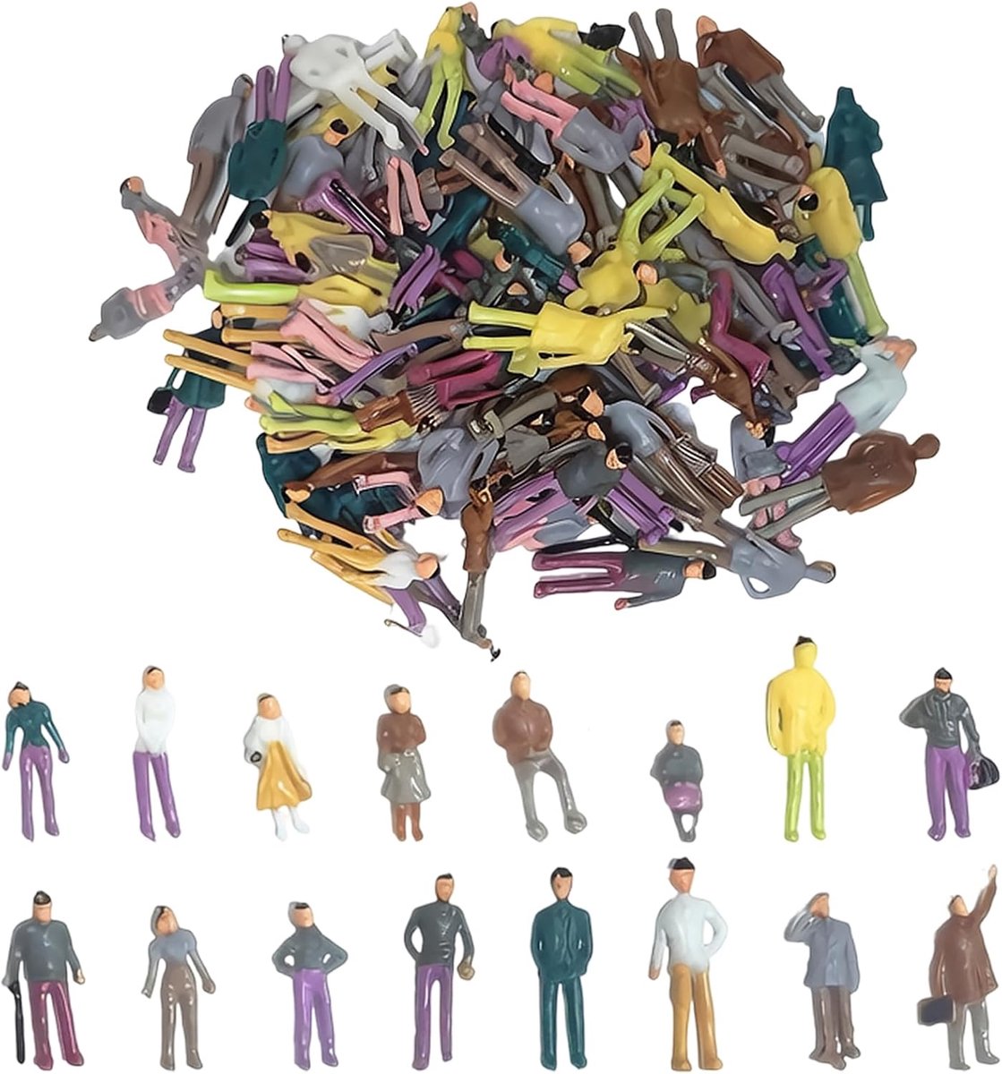 100 stuks minifiguren mensen, schaal 1:75, kleine figuren mensen, verschillende posities, zittend en staand - ShopVlot