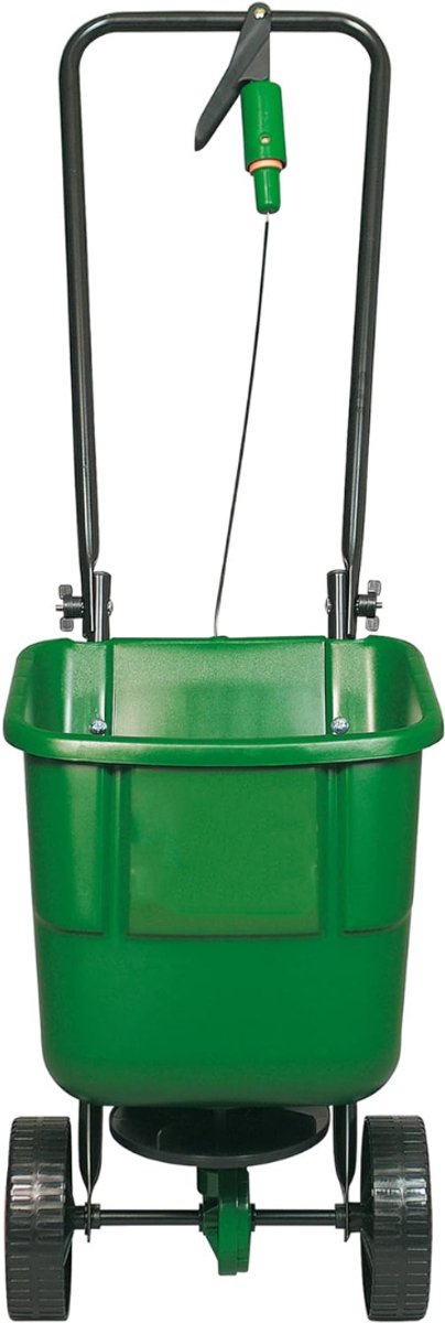 QUOVO® Strooiwagen – Meststofstrooier Met 12 Liter Vulvolume – Meststrooier Ook Voor Gazonmest, Kalk, Gazonzaad En Strooizout - Strooiproces Te Bedienen Via de Handgreep - Groen - 50cmx 30cm x 40cm