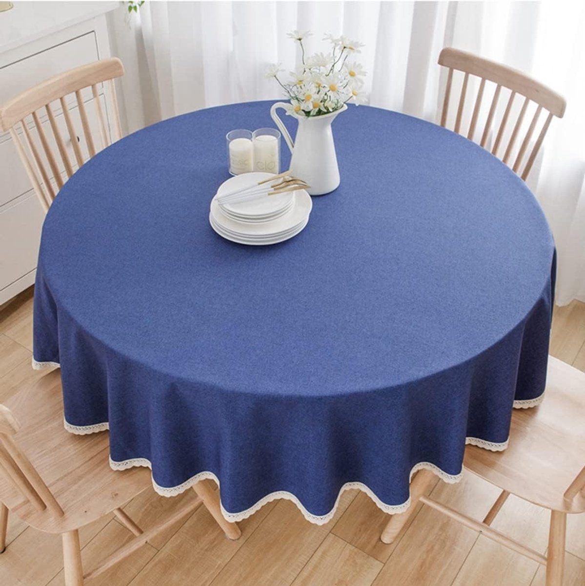 Ronde tafellaken van katoen en linnen voor eet- en balkon tafels, wasbaar, diepblauw, diameter 260 cm, ideaal voor feesten en dagelijks gebruik